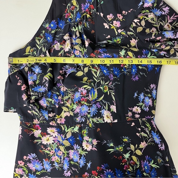 Parker One Sleeve Silk Black Asymmetric Ruffle Dress 6 Dark Floral Flounce - Picture 10 of 12